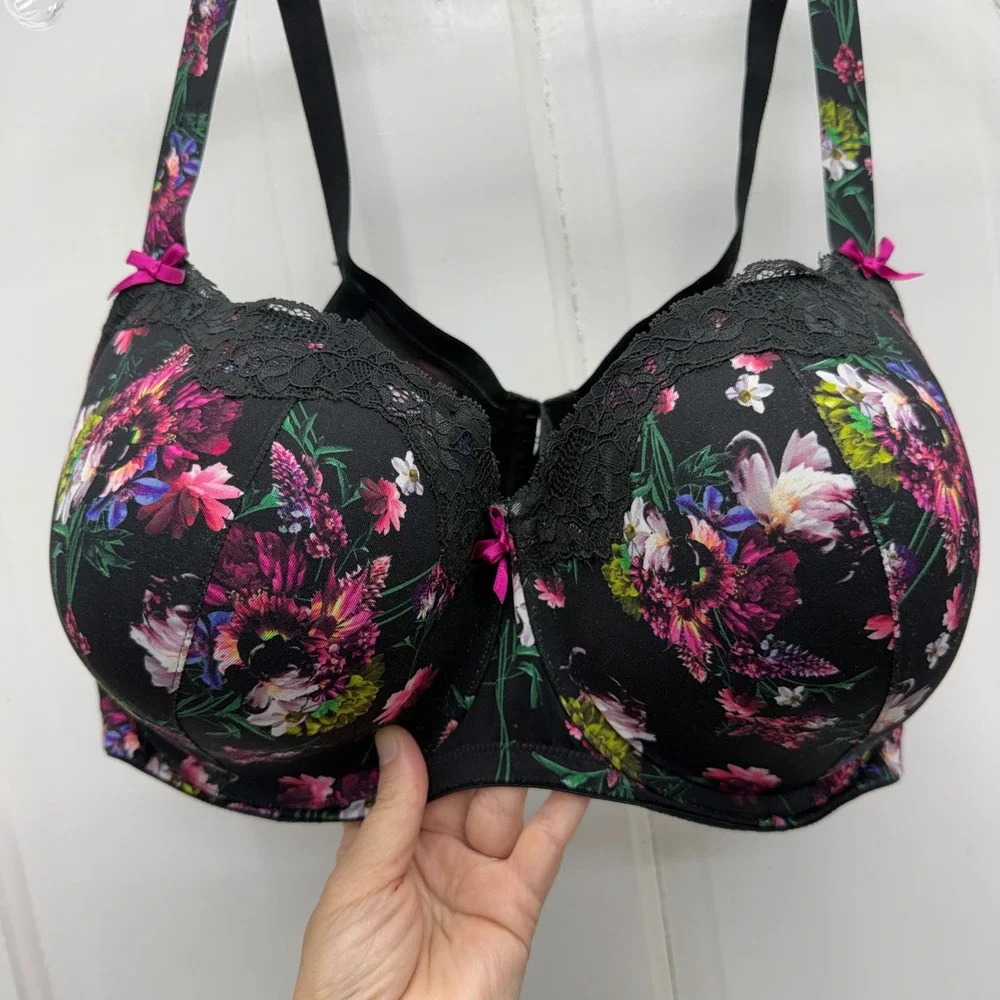 Cacique Boost Balconette Bra 44DD Black Floral Lace Underwire Molded Cup